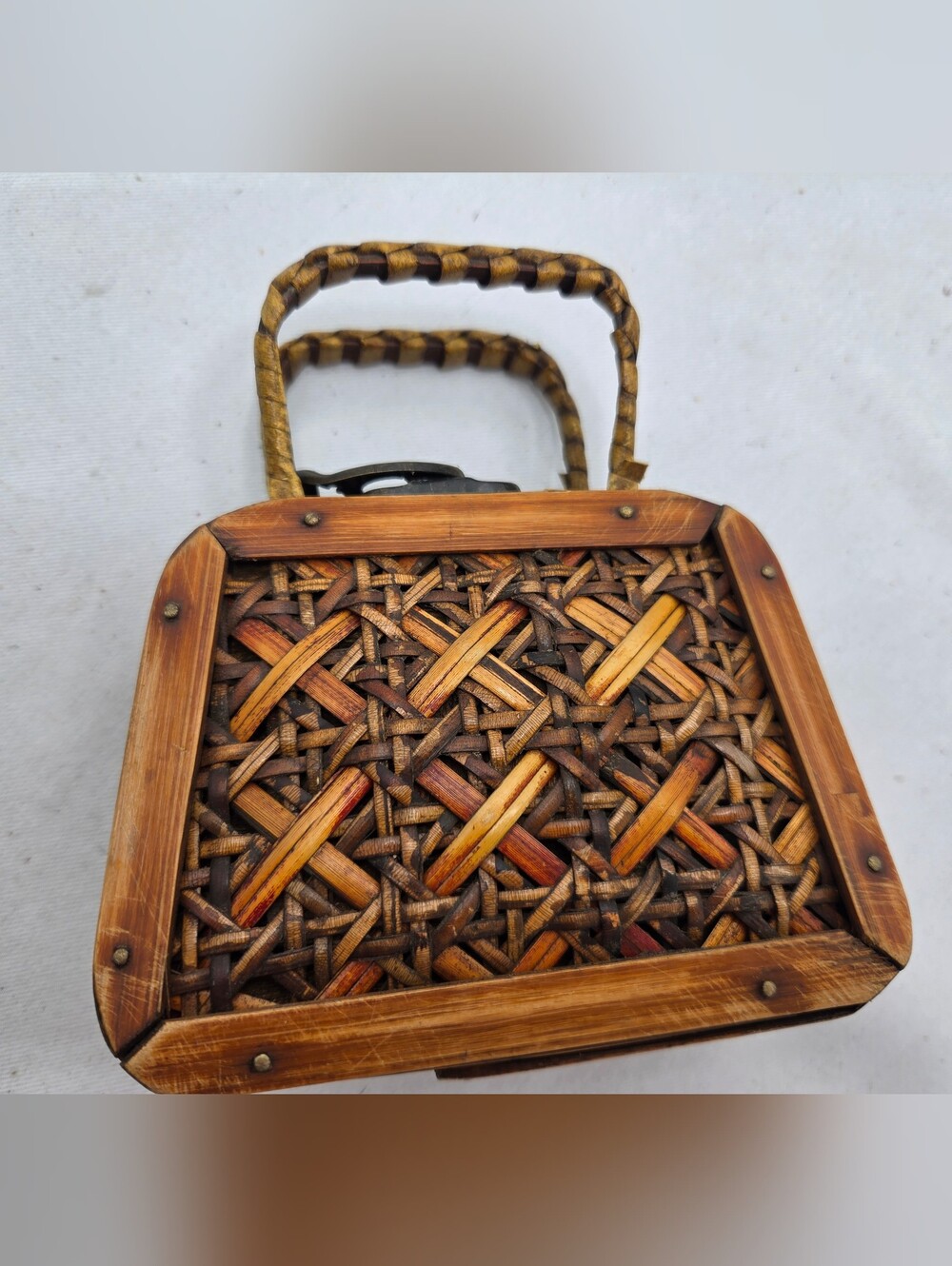 Vintage Woven Cane Wood Purse Box Small Miniature Woven